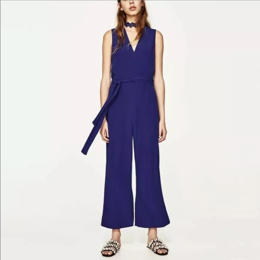 NEW ZARA Blue Jumpsuit Sz M Belt With Lace Choker